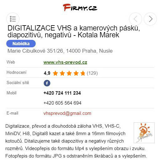 Hodnocení a zkušenost reference SEZNAM FIRMY digitalizace VHS Marek Kotala